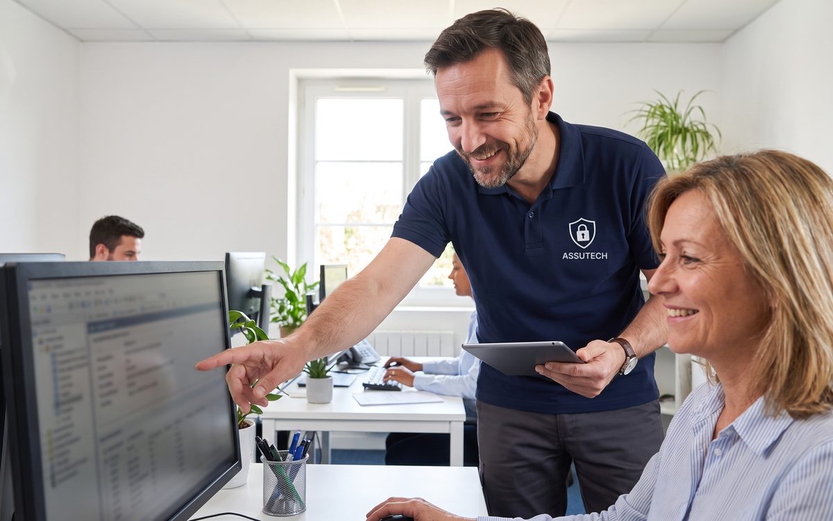 Un technicien Assutech, polo marine au logo Assutech, fait le point à l’écran avec une cliente dans ses bureaux