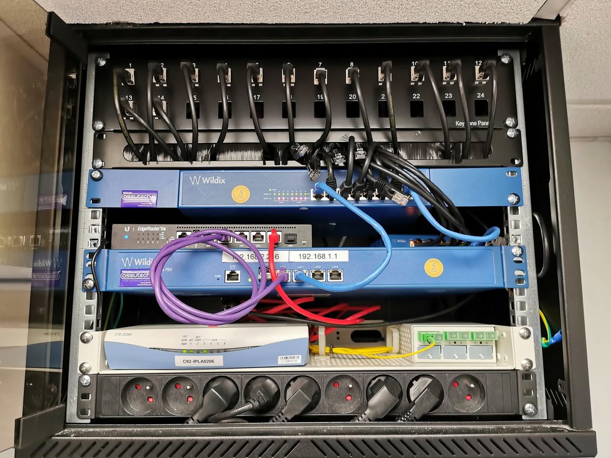 Assutech rack: fibre termination, router, phone system and patch panel