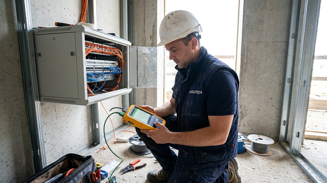 Technicien Assutech en casque mesurant une liaison avec un testeur de certification devant une baie de brassage