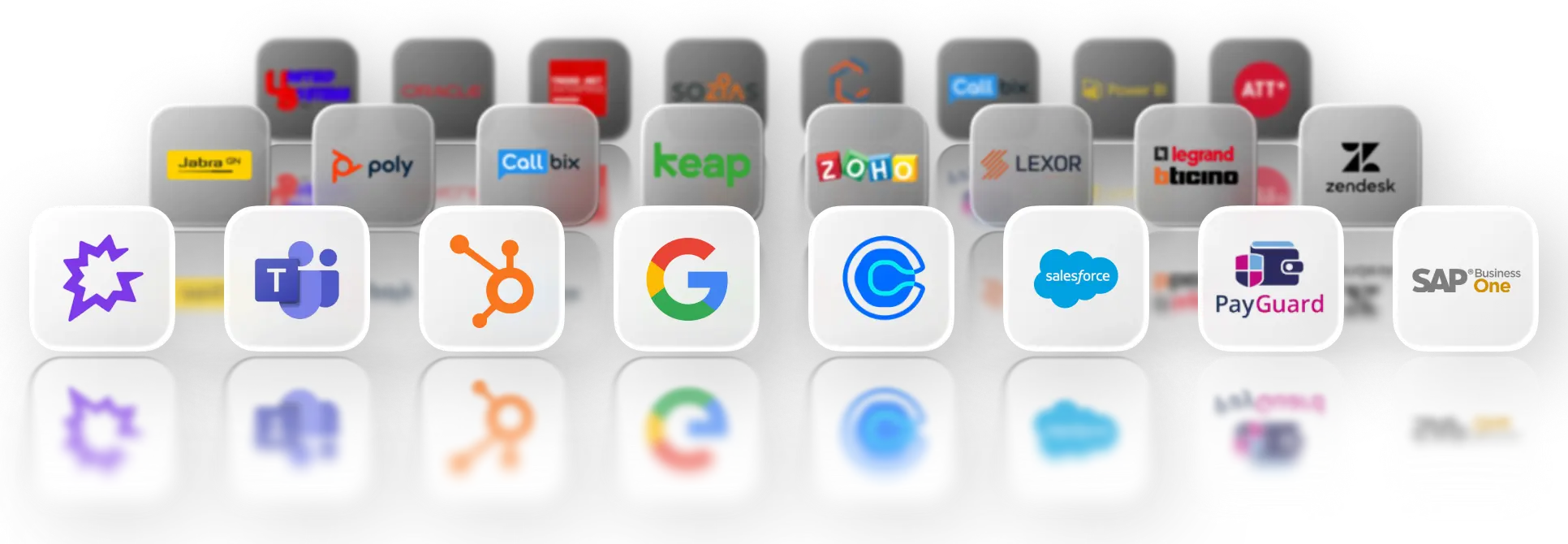 Logos des outils intégrés à la plateforme Wildix : Microsoft Teams, HubSpot, Google, Salesforce, SAP Business One, Zendesk, Zoho et d'autres